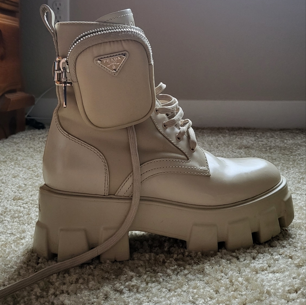 Prada Monolith leather and Re-Nylon boots with pouch shade Dessert beige